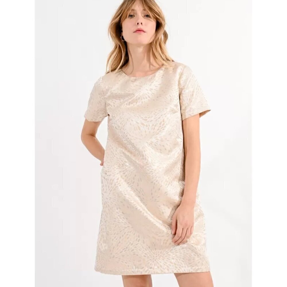 Molly Bracken Le Soir SZ S Cream & Pale Gold metallic shift dress formal mod 60s